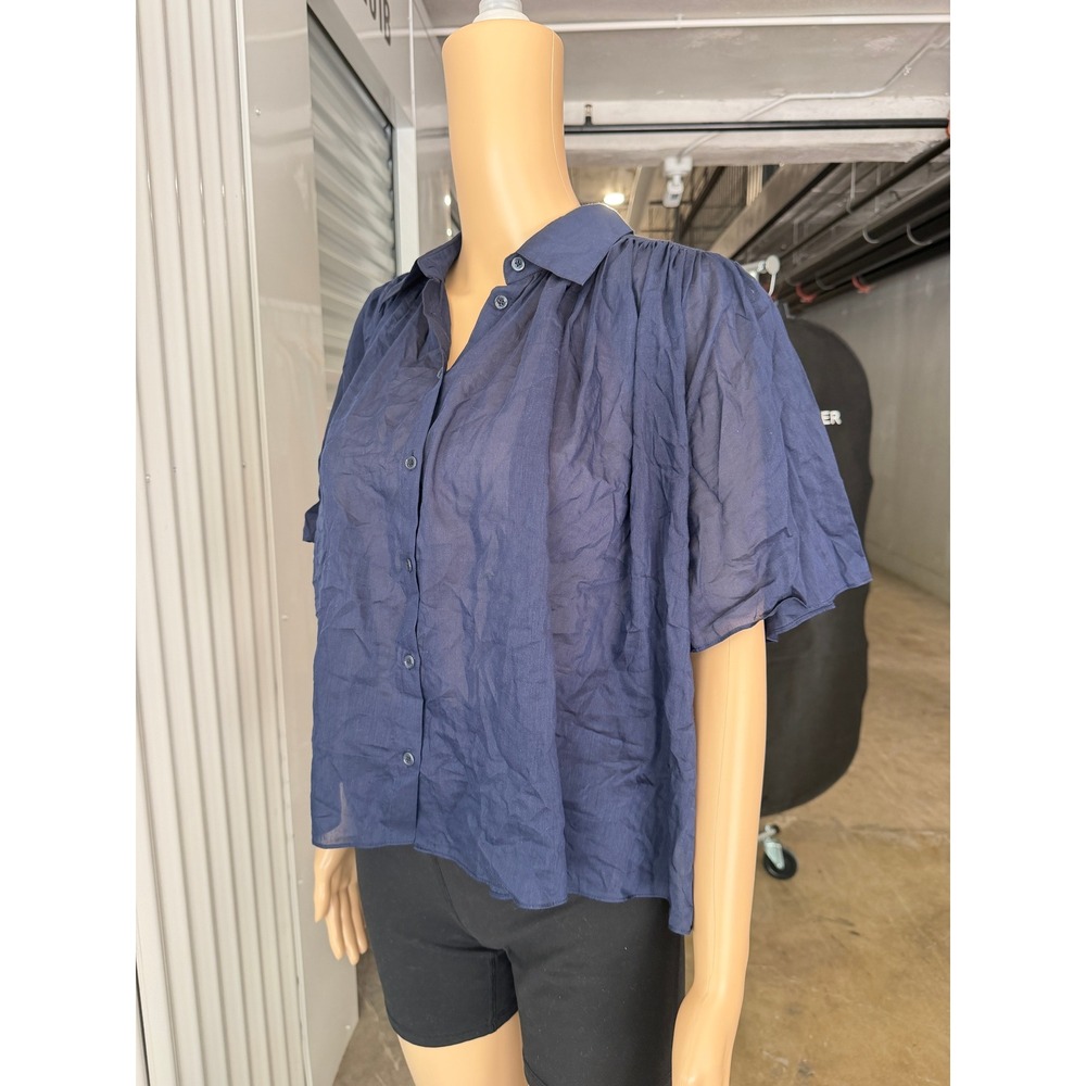 QUINCE Navy Blue Silk Cotton Blend Short Sleeve Button Up Blouse Top Small - Picture 4 of 8
